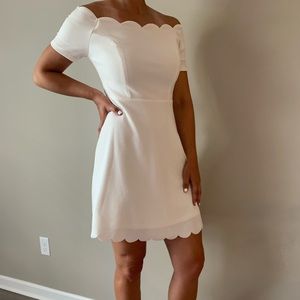 White off-shoulder fit & flare, scalloped edges